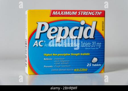 Scatola di Pepcid AC antiacido medicinale over-the-counter Foto Stock