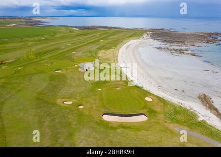 Vista aerea del campo da golf Balcomie Links al campo da golf della Crail Golf Society, Fife, Scotland, UK Foto Stock