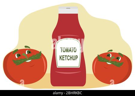 I pomodori divertenti ammirano il delizioso ketchup di pomodoro in una bottiglia Illustrazione Vettoriale