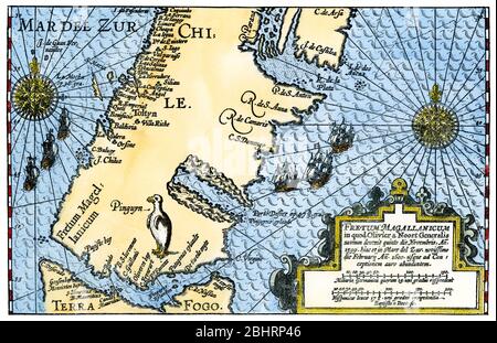 Mappa dello stretto di Magellano e del Sud America, 1602. Legno colorato a mano da de Noort Foto Stock