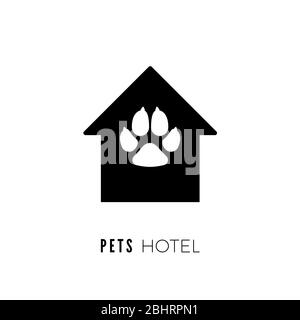 Icona PET hotel. Logo per gli animali domestici. Casa nera con impronta del cane. Vettore Illustrazione Vettoriale