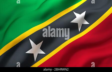 Bandiera di Saint Kitts e Nevis soffiare nel vento. Pagina intera bandiera di volo di Saint Kitts. Illustrazione 3D. Foto Stock