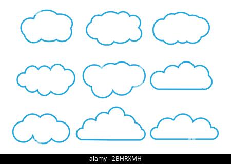 Contorno cartoni animati stile piatto nuvole collezione di icone. Simbolo del logo delle previsioni meteo. Immagine vettoriale. Isolato su sfondo bianco. Illustrazione Vettoriale
