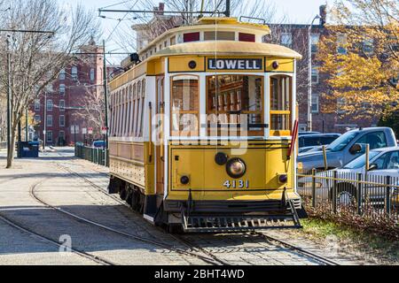 Un tram al Lowell National Park, Lowell, Massachusetts Foto Stock