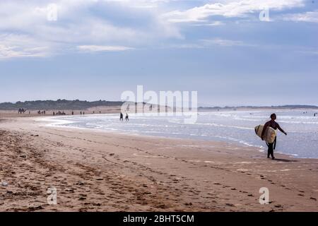 Surfers in Essaouira spiaggia, Essaouira, Marocco Foto Stock