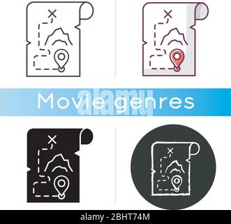 Icona del film d'avventura. Stili di colore nero e RGB lineari. Genere di film popolare, categoria di produzione cinematografica. Storia emozionante con viaggi ed esplorazioni. Tesoro Illustrazione Vettoriale