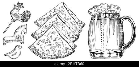 Cucina tradizionale russa. Pancake con caviale, tazza di birra e dolci con una scarpetta. Cucina di Mosca. Schizzo disegnato a mano. Vista dall'alto. Incisa Illustrazione Vettoriale