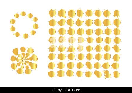 Schizzi metallici in oro isolati su sfondo bianco. Foto Stock