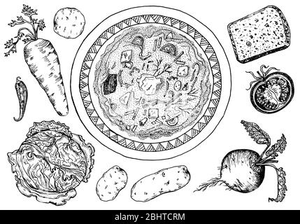 Cucina tradizionale russa. Borscht in un piatto. Ingredienti per la preparazione della zuppa. Cucina di Mosca. Barbabietole, cavolo, carote e spezie. Schizzo disegnato a mano. Superiore Illustrazione Vettoriale