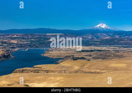 Mount Hood e il fiume Columbia, vista dalla Dalles Mountain Road nel Columbia Hills Historical state Park, Washington state, USA Foto Stock