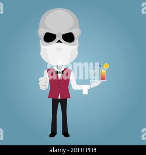 Cameriere scheletro con maschera guanti bianchi pollici su cocktail asciugamani cravatta arco gilet rosso e pantaloni neri. Illustrazione Vettoriale