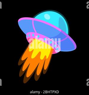 Adesivo da cartone animato fantasy Flying Saucer. Illustrazione del colore vettoriale UFO. Astronave infantile isolata su sfondo nero. Elemento di progettazione alieno della nave. Clip Cosmic bambino art. Illustrazione Vettoriale