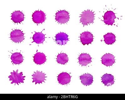 Colorful viola set isolato colore acqua macchie vernice. Modello colorato per il design. Collezione di schizzi di magenta dipinti a mano Foto Stock
