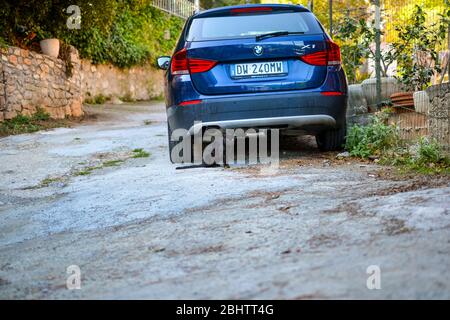 Un elegante gatto nero seduto da una berlina blu BMW in un vicolo da un muro di pietra nell'antico villaggio di Portovenere Italia sulla costa ligure Foto Stock