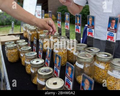 Des Moines Iowa USA, 15 agosto 2011: Sondaggio sul mais alla fiera statale dell'Iowa, dove i visitatori hanno messo un granoturco nel vaso del candidato presidenziale che sostengono. ©Bob Daemmrich Foto Stock