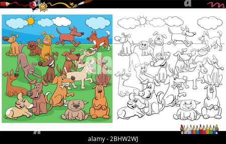 Cartoni animati Illustrazione di Happy Puppies and Dogs personaggi animalier Large Group nella pagina del Libro da colorare del Parco Illustrazione Vettoriale