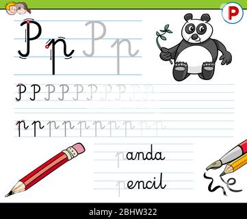 Cartoni animati Illustrazione del foglio di lavoro di pratica di abilità di scrittura con la lettera P per i bambini di età prescolare ed elementare Illustrazione Vettoriale