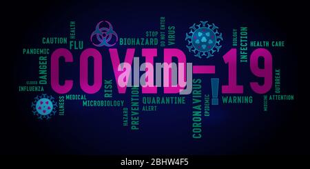 Covid-19 parola tag nube tipografia su sfondo scuro. Parole chiave vivide sul tema della lotta contro l'infezione da virus. Illustrazione Vettoriale