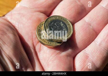 Due monete bimetalliche della libbra britannica tenute in un palmo dell'uomo e sparate vicino in su Foto Stock