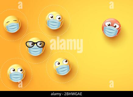 Smiley emojis sociale di distanza vettore sfondo. Emoji ed emoticon indossano maschera facciale con distanza sociale per combattere il virus della corona covid-19. Illustrazione Vettoriale