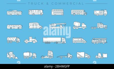 Set di icone vettoriali per stile linea di concetto per veicoli industriali e commerciali. Illustrazione Vettoriale