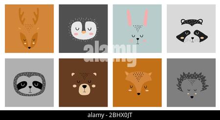 Set di simpatici personaggi di animali dormienti disegnati a mano. Zoo cartoon. Illustrazione vettoriale. Cervi, pinguini, lepre, procione, sloth, orso, volpe e hedgehog. Illustrazione Vettoriale