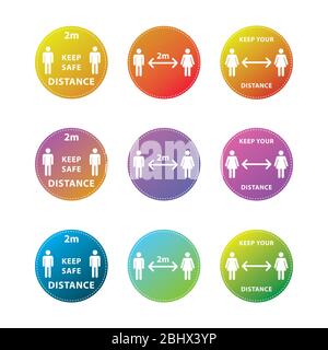 Segnaletica rotonda per il pavimento per le distanze sociali, segnale tenere distanza di sicurezza. Quarantena virus Corona, avvertenza covid-19, icone di figure umane, adesivo vettoriale Illustrazione Vettoriale