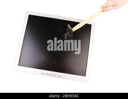 Il vecchio schermo del computer si è rotto con un'umidità isolata sul bianco Foto Stock