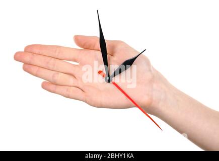 Tenere la mano le frecce dell'orologio isolate sul bianco Foto Stock