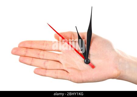 Tenere la mano le frecce dell'orologio isolate sul bianco Foto Stock