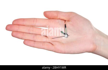 Tenere la mano le frecce dell'orologio isolate sul bianco Foto Stock