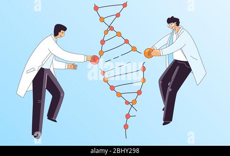 Illustrazione piatta di due Scientist Man, personaggi che fanno il trattamento genetico del DNA. Uomo che ripara la spirale del DNA per la terapia di CRISPR, concetto del vettore. Illustrazione Vettoriale