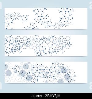 Set di scientifica di moderno vettore banner. Molecola di DNA struttura collegata con linee e punti. Scientifica e Tecnologica di concetto. Onda grafico di flusso Illustrazione Vettoriale