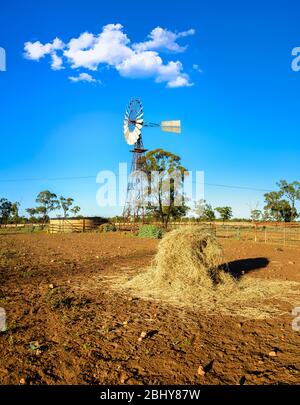 Siccità in un bestiame di proprietà nel Queensland caratterizzato da un caratteristico mulino a vento e serbatoio d'acqua fuori terra su terreno arroccato con una balla di fieno parzialmente mangiato. Foto Stock