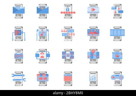 20 icone piatte per smartphone in grigio, blu e rosso. Illustrazione Vettoriale