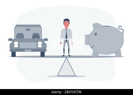 Auto, prestito auto o trasformare le attività in concetto di cassa. Modello di automobile, banco di piggy su scala di equilibrio semplice. Illustrazione Vettoriale