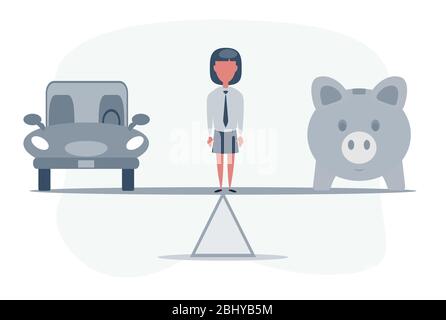 Auto, prestito auto o trasformare le attività in concetto di cassa. Modello di automobile, banco di piggy su scala di equilibrio semplice. Illustrazione Vettoriale