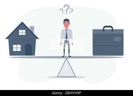 Icona Home and business on scale. Peso tra lavoro, denaro e famiglia. Equilibrio vita business concetto. L'uomo bilancia la famiglia contro il denaro. Illustrazione Vettoriale