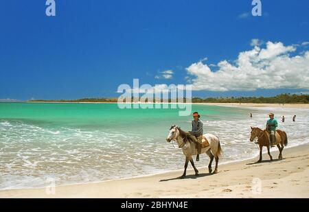 Gli abitanti del luogo esercitano i loro cavalli a Natadola Beach, viti Levu, Figi Foto Stock