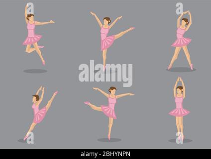 Set di sei ballerina ballerine ballerine in tutu rosa. Icone vettoriali isolate su sfondo grigio. Illustrazione Vettoriale