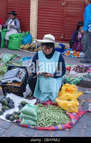 Donna locale che vende i suoi prodotti al mercato di San Pedro a Cusco, Perù Foto Stock