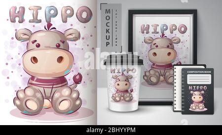 Carino poster e merchandising hippo teddy. Illustrazione Vettoriale