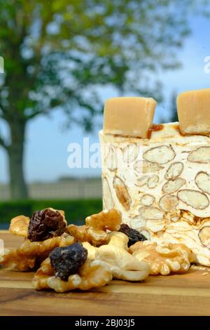 Delizioso tradizionale grande pezzo italiano o torrone con noci, noci in primo piano su un asse di legno. Fuoco selettivo. Albero in backkground Foto Stock