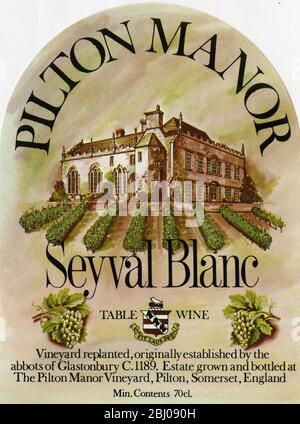 Etichetta del vino - Pilton Manor vino da tavola. Una varietà di vite Seyval Blanc. Prodotto da Nigel de Marsac Godden a Pilton, Somerset. Foto Stock