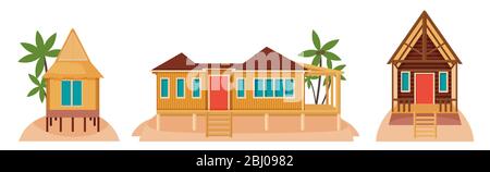 Bungalow case su isole tropicali. Illustrazione di architettura esotica Illustrazione Vettoriale