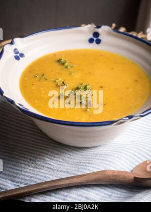 Zuppa di squash arrostita con aglio e timo, servita in ciotola bianca e blu con cucchiaio di legno Foto Stock