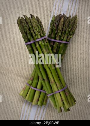 Due mazzi di asparagi inglesi crudi freschi su piastra verde, pronti per essere cotti - Foto Stock