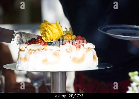 Festa gateau di mousse di limone chiaro e di passionfruit con morbido meringa, frutta esotica fresca e rosa gialla tagliata all'aperto in estate Foto Stock