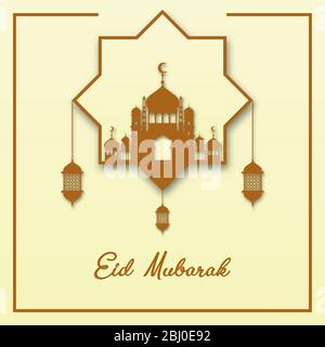 Bel disegno di biglietti d'auguri Eid Mubarak. Con la sagoma della moschea marrone e lanterne pendenti su sfondo giallo. Illustrazione Vettoriale