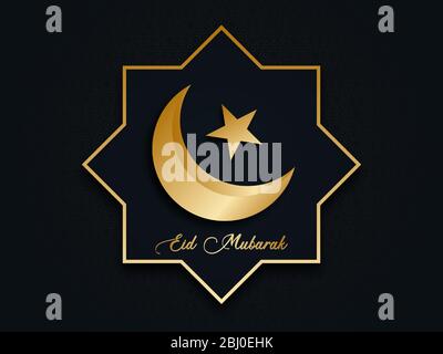 Bella Eid Mubarak biglietto di auguri design. La celebrazione della festa in Islam. Con una mezzaluna dorata e stelle su sfondo blu e motivo. Illustrazione Vettoriale